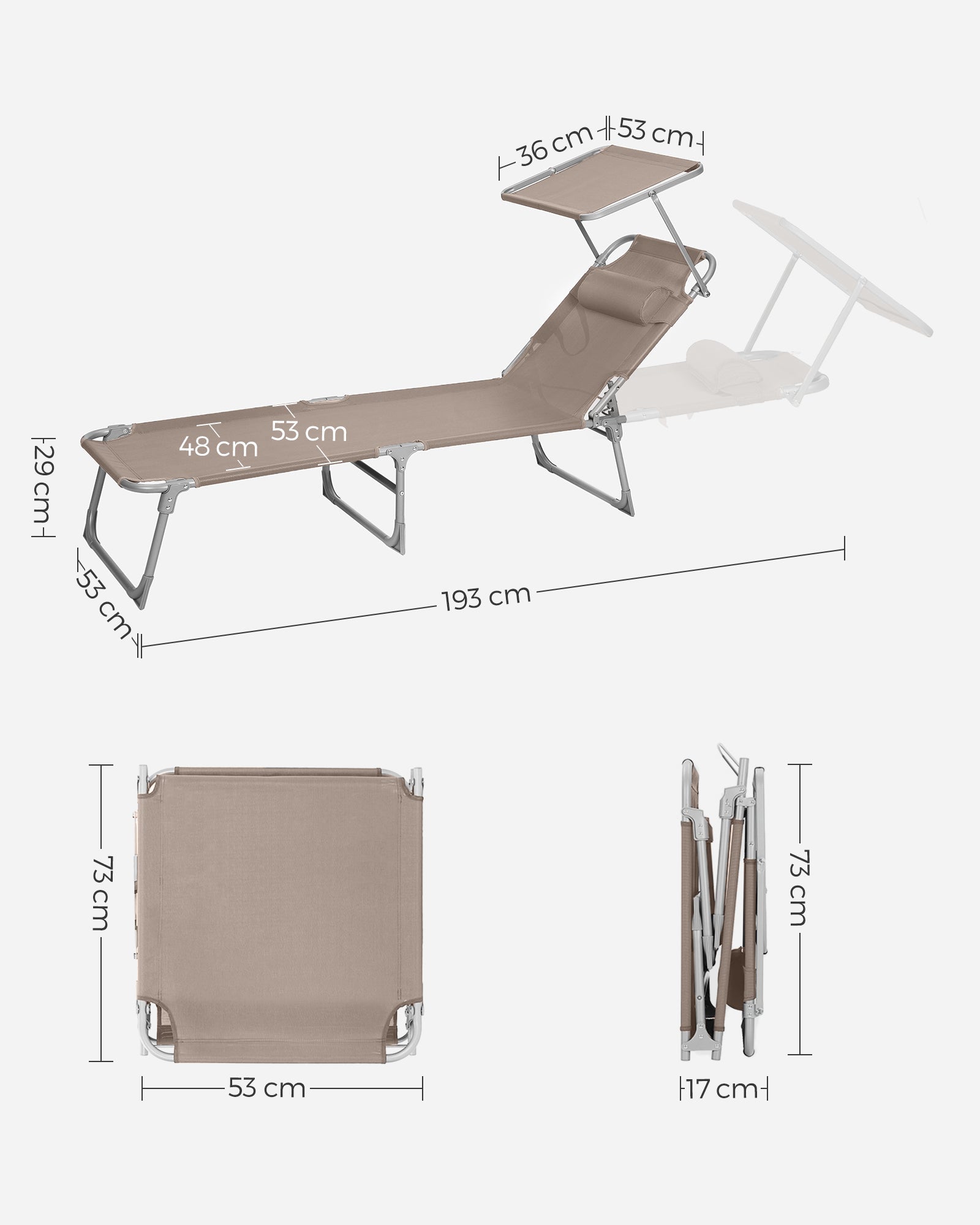 Foldable Sun Lounger – Fabric – Taupe – Adjustable Backrest with Headrest