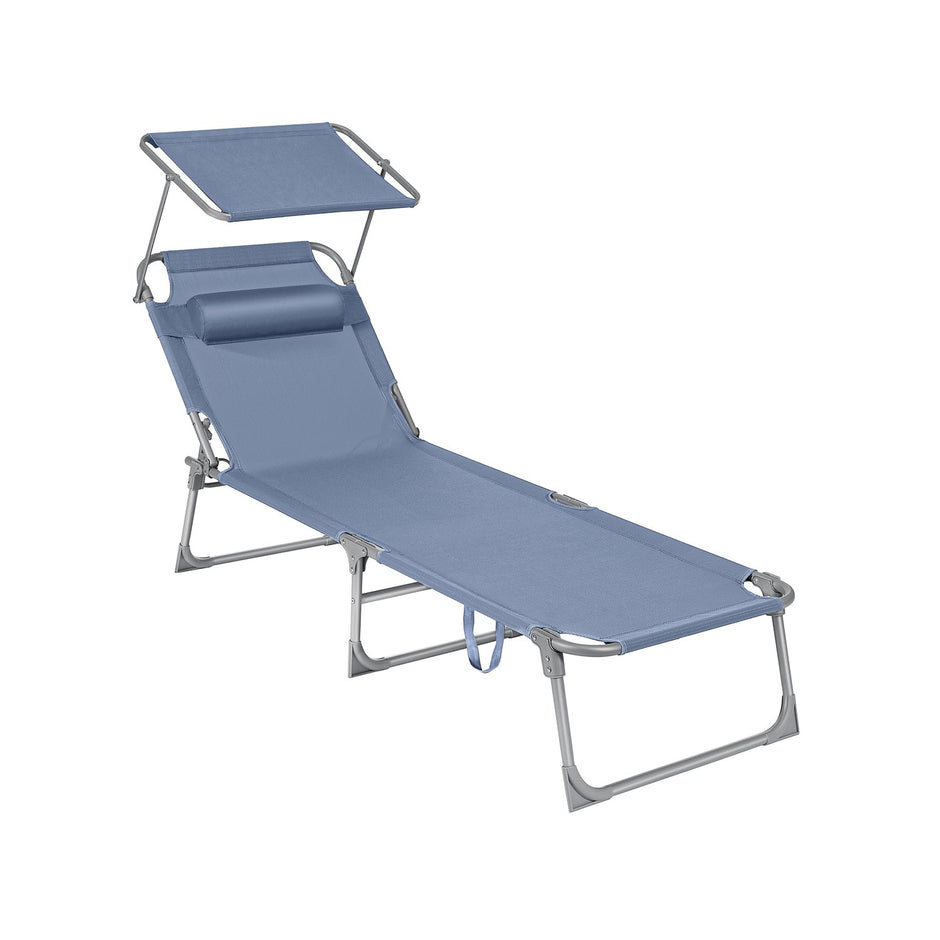 Sun Lounger – Fabric – Blue – Adjustable Backrest, Lightweight and Foldable with Sunshade