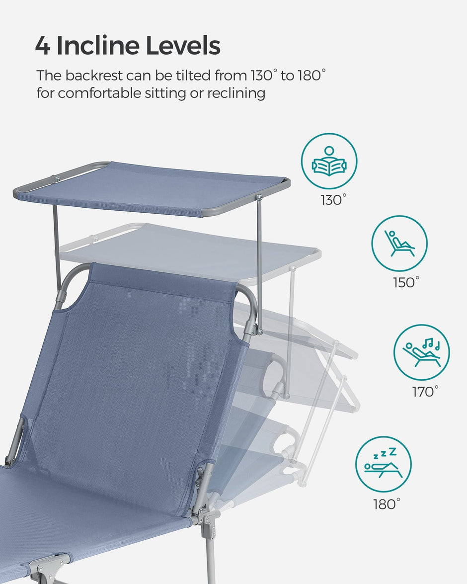 Sun Lounger – Fabric – Blue – Adjustable Backrest, Lightweight and Foldable with Sunshade