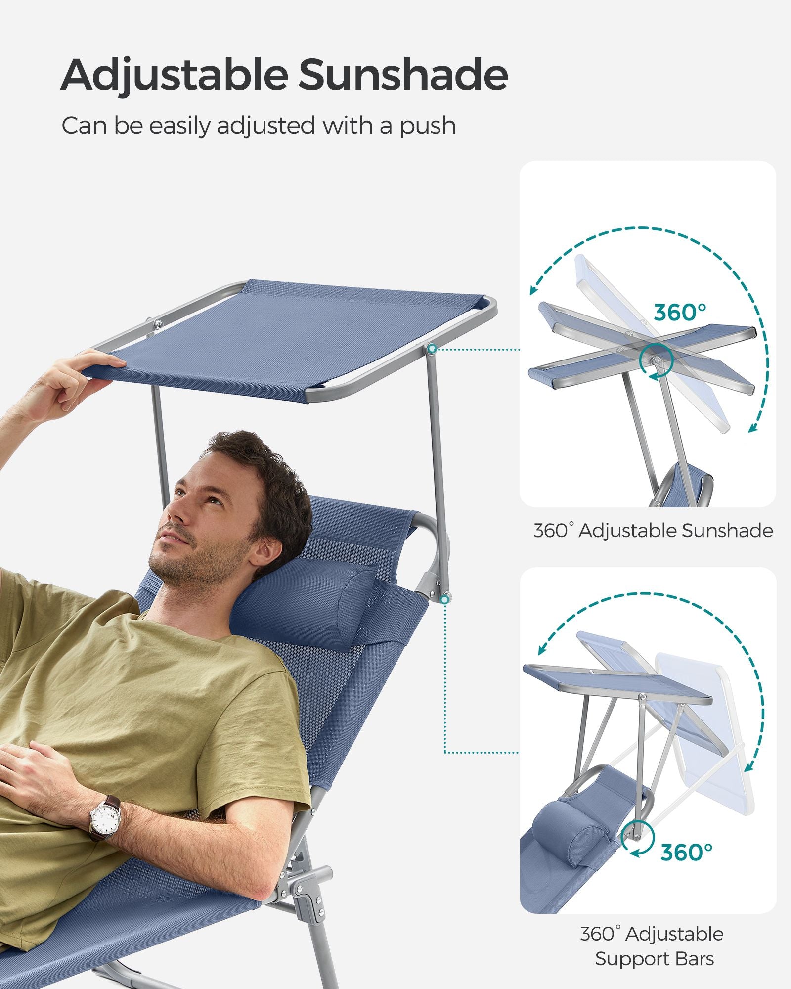 Sun Lounger – Fabric – Blue – Adjustable Backrest, Lightweight and Foldable with Sunshade