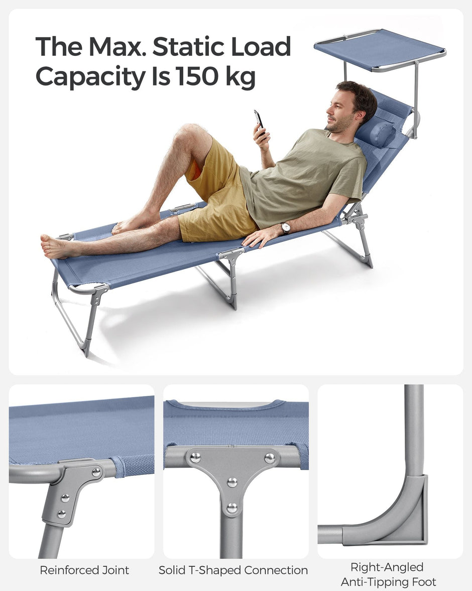 Sun Lounger – Fabric – Blue – Adjustable Backrest, Lightweight and Foldable with Sunshade