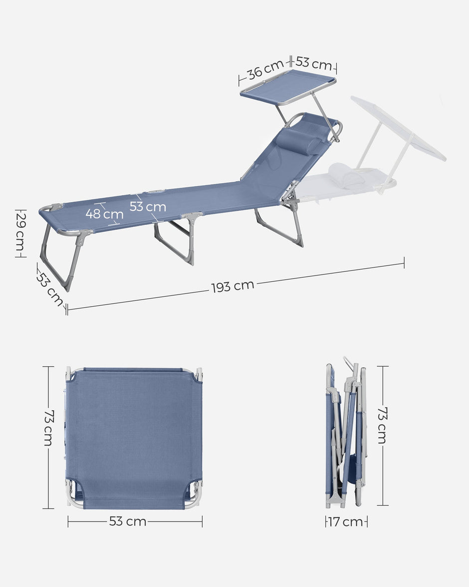 Sun Lounger – Fabric – Blue – Adjustable Backrest, Lightweight and Foldable with Sunshade