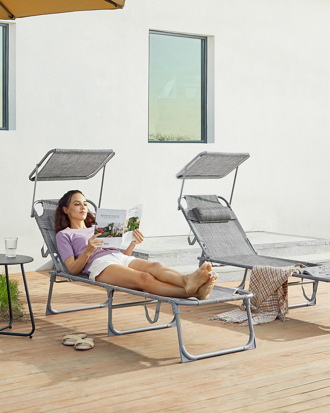 Lightweight Sun Lounger – Fabric – Dark Grey – Adjustable Backrest with Headrest and Sunshade, Foldable