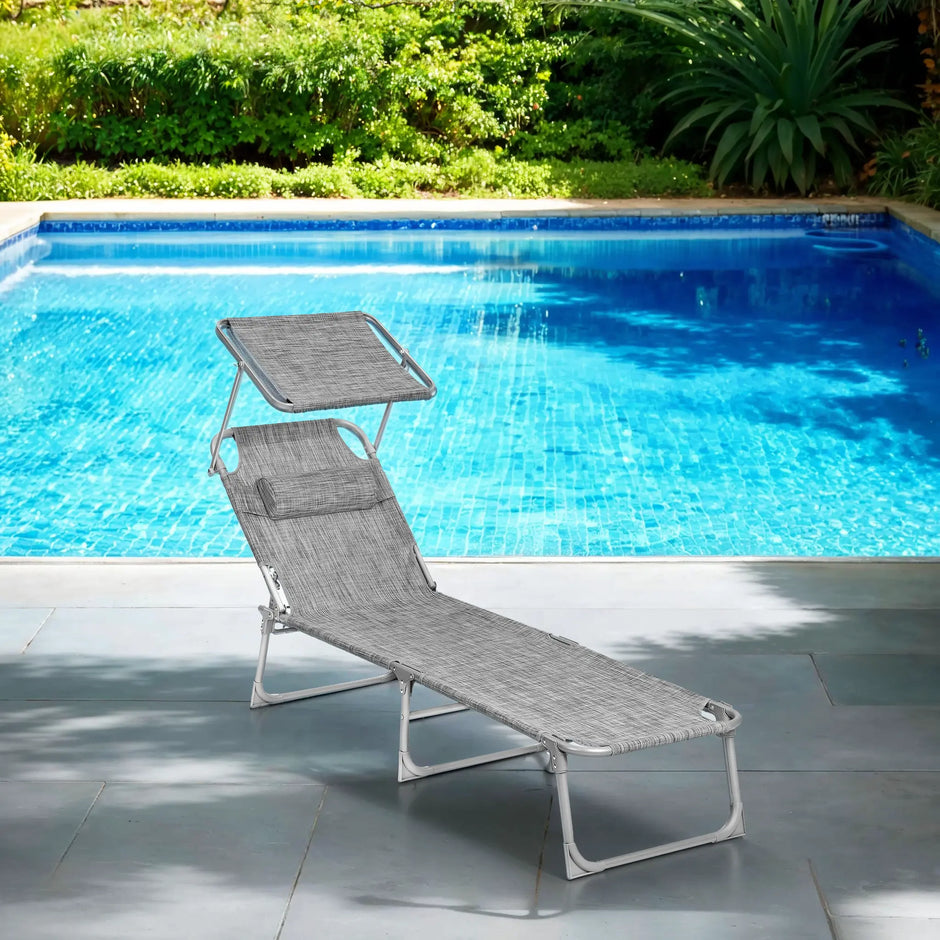 Folding Sun Lounger – Fabric – Dark Gray – Adjustable Backrest with Sunshade