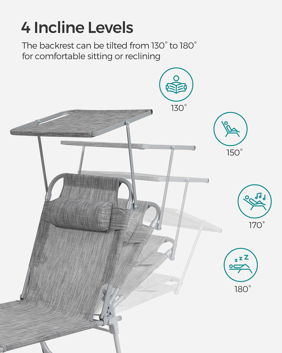 Lightweight Sun Lounger – Fabric – Dark Grey – Adjustable Backrest with Headrest and Sunshade, Foldable