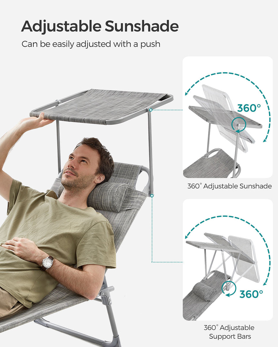 Lightweight Sun Lounger – Fabric – Dark Grey – Adjustable Backrest with Headrest and Sunshade, Foldable