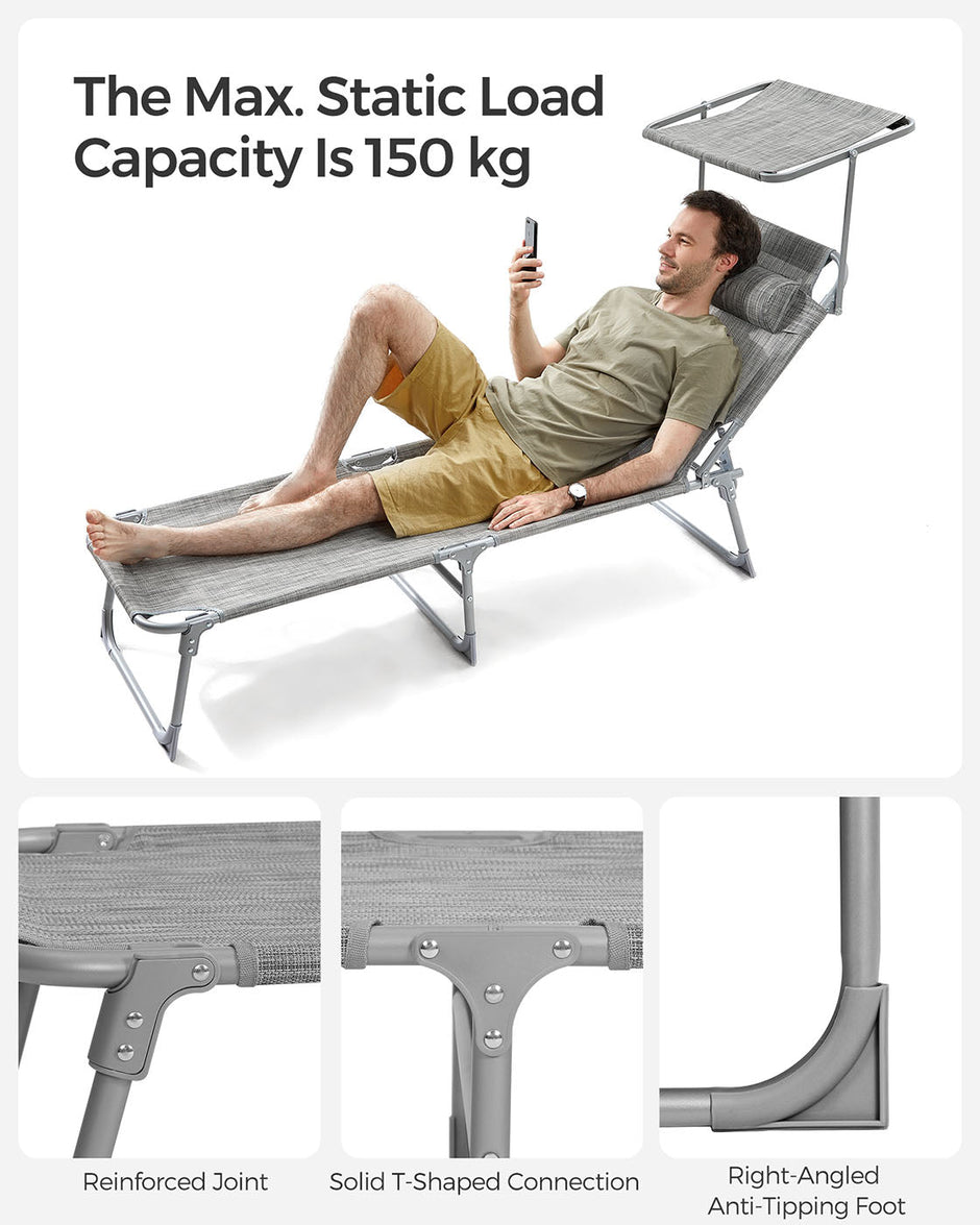 Lightweight Sun Lounger – Fabric – Dark Grey – Adjustable Backrest with Headrest and Sunshade, Foldable