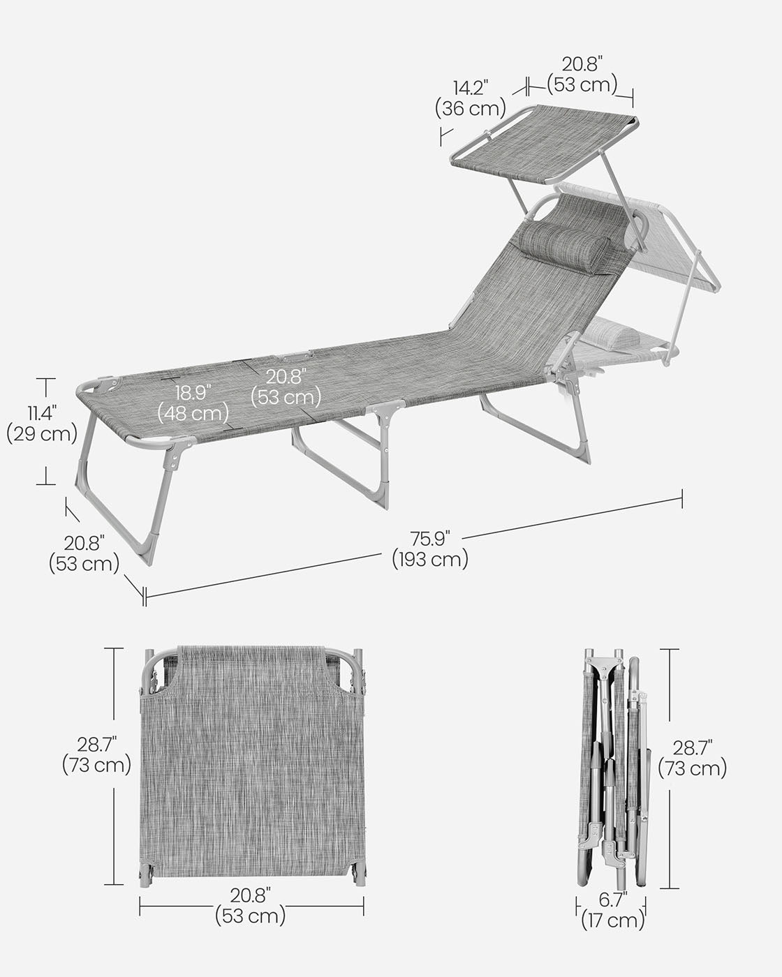 Lightweight Sun Lounger – Fabric – Dark Grey – Adjustable Backrest with Headrest and Sunshade, Foldable