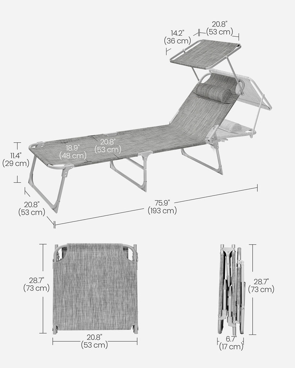 Lightweight Sun Lounger – Fabric – Dark Grey – Adjustable Backrest with Headrest and Sunshade, Foldable