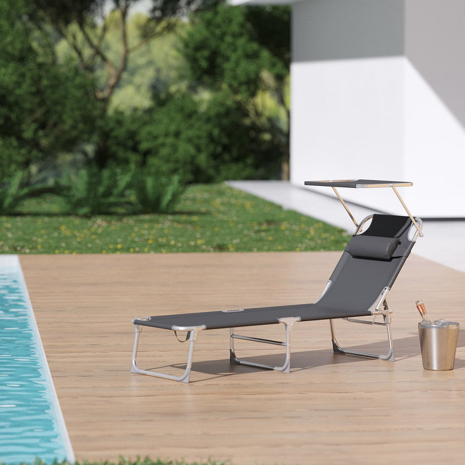 Folding Sun Lounger – Fabric – Dark Gray – Adjustable Backrest with Sunshade