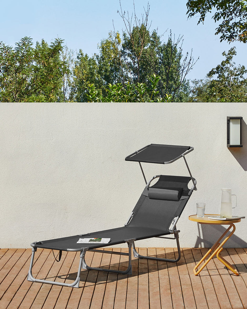 Sun Lounger – Fabric – Dark Grey – Adjustable Backrest with Headrest and Sunshade