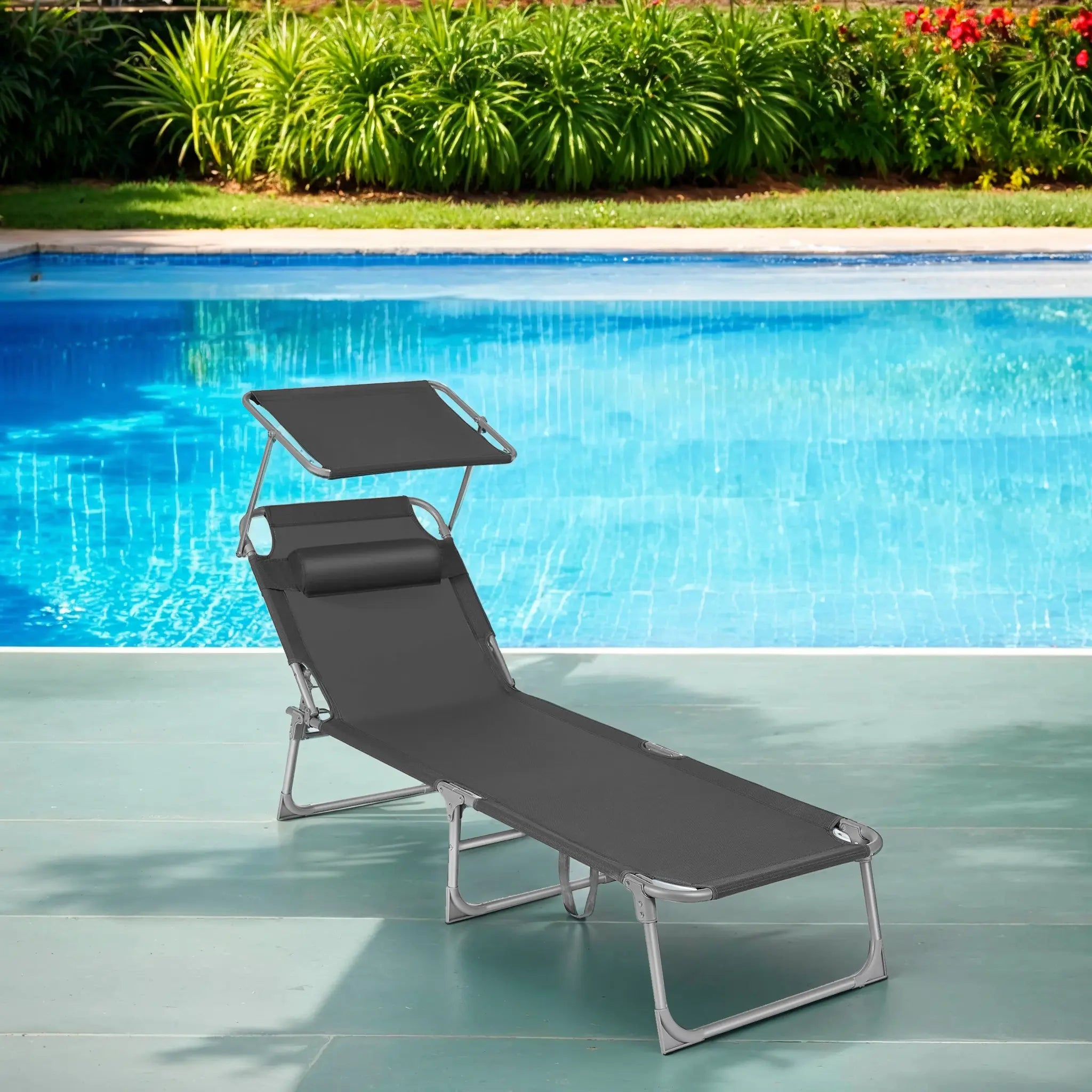 Folding Sun Lounger – Fabric – Dark Gray – Adjustable Backrest with Sunshade