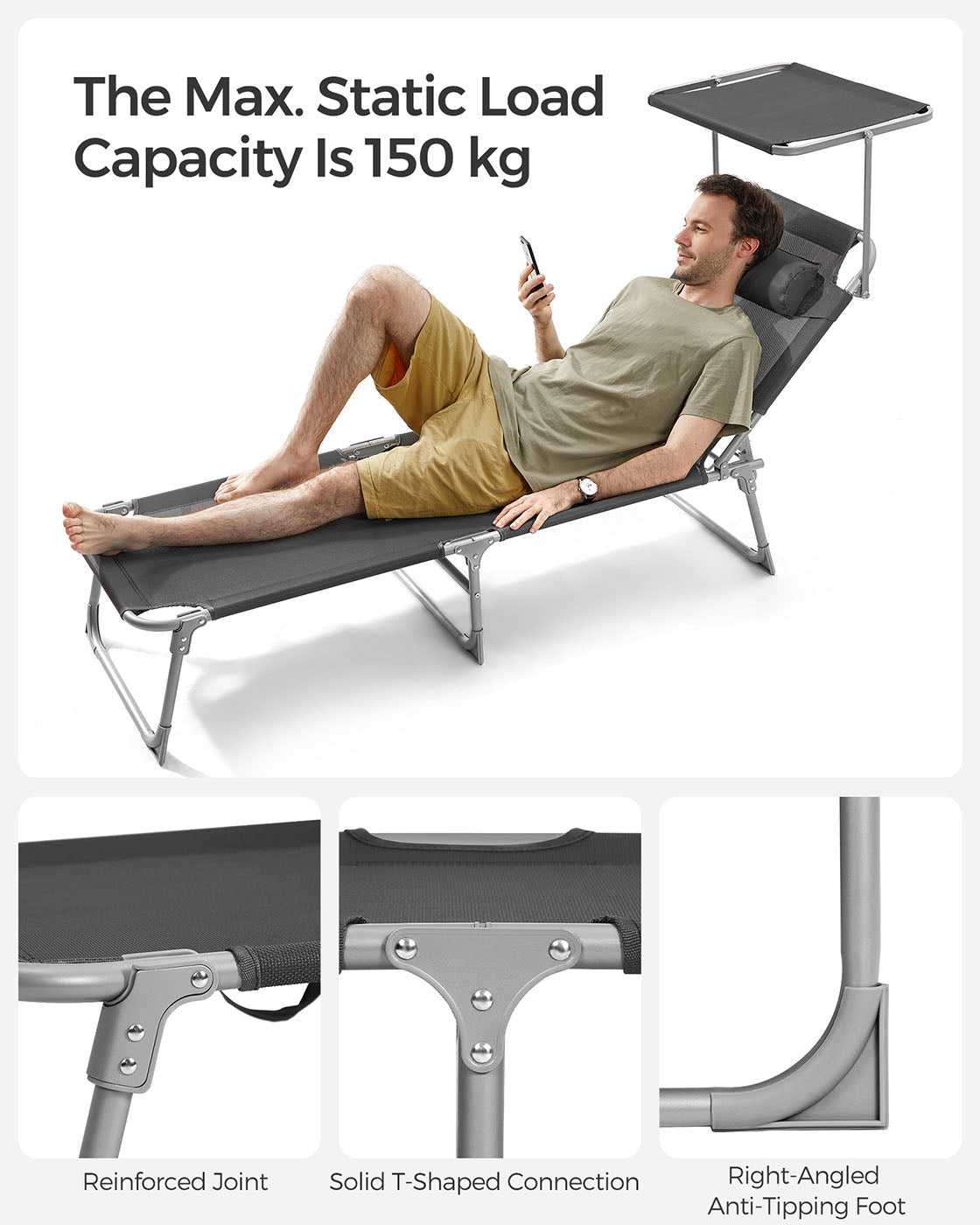 Sun Lounger – Fabric – Dark Grey – Adjustable Backrest with Headrest and Sunshade