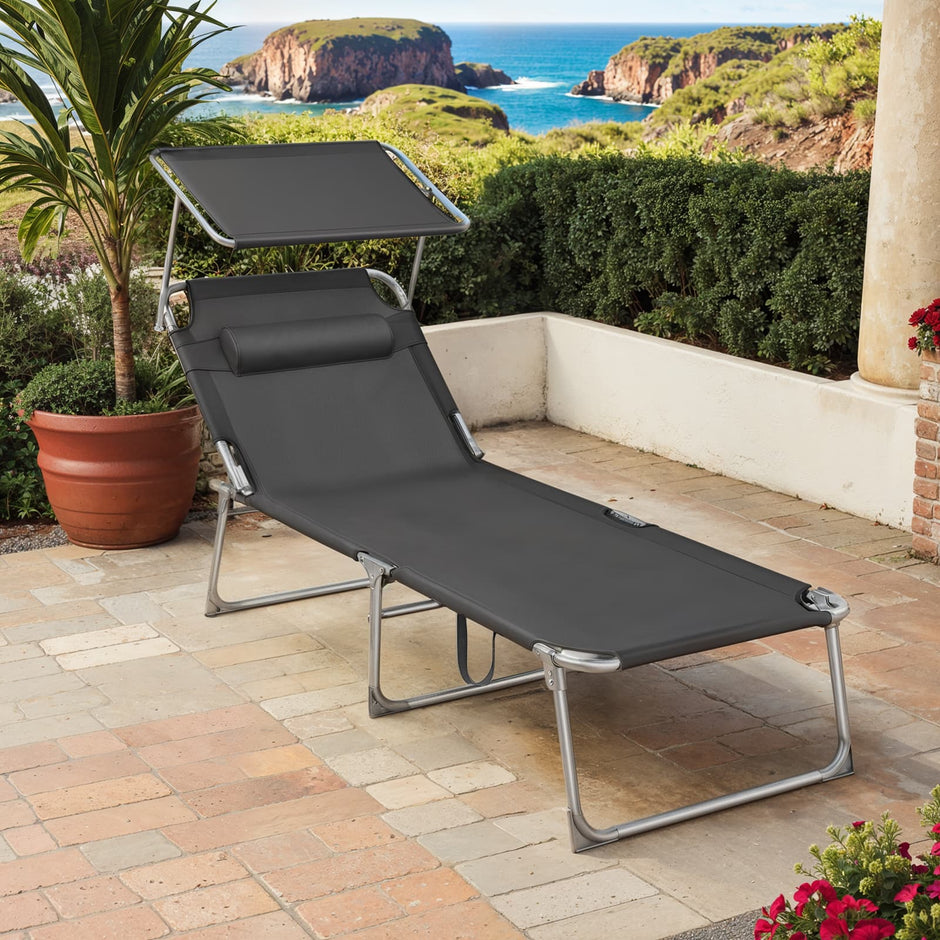 Sun Lounger – Fabric – Anthracite Grey – Folding Design with Adjustable Backrest and Sunshade Headrest