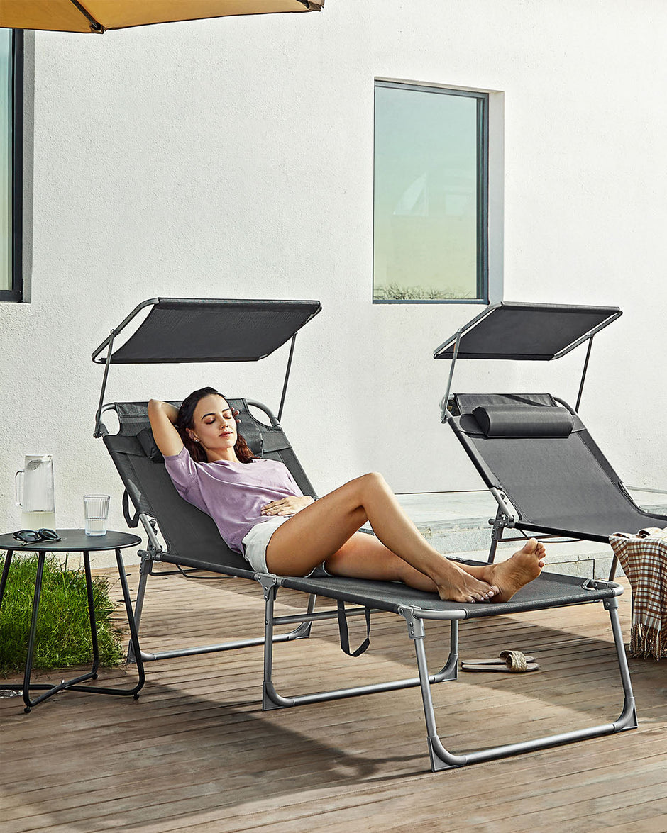Sun Lounger – Fabric – Smoky Grey – Adjustable with Pillow and Sunshade