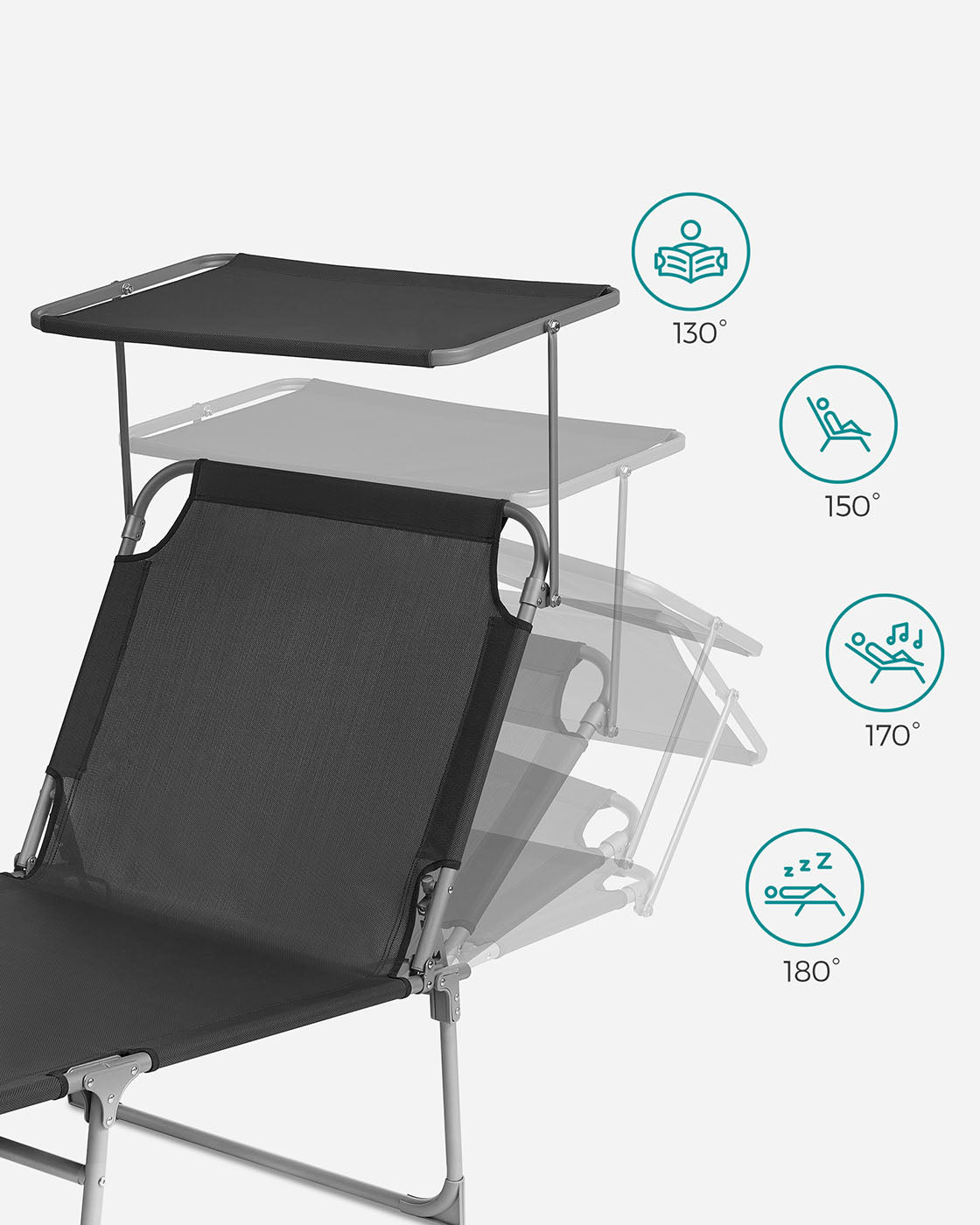 Sun Lounger – Fabric – Smoky Grey – Adjustable with Pillow and Sunshade