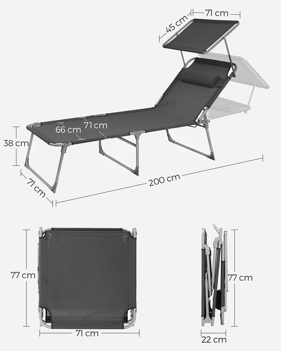 Sun Lounger – Fabric – Smoky Grey – Adjustable with Pillow and Sunshade