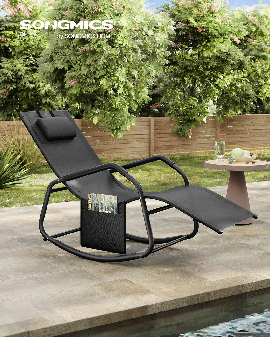 Outdoor Lounger Recliner – Steel Frame – Ink Black – Adjustable Headrest with Anti-Tipping Stops