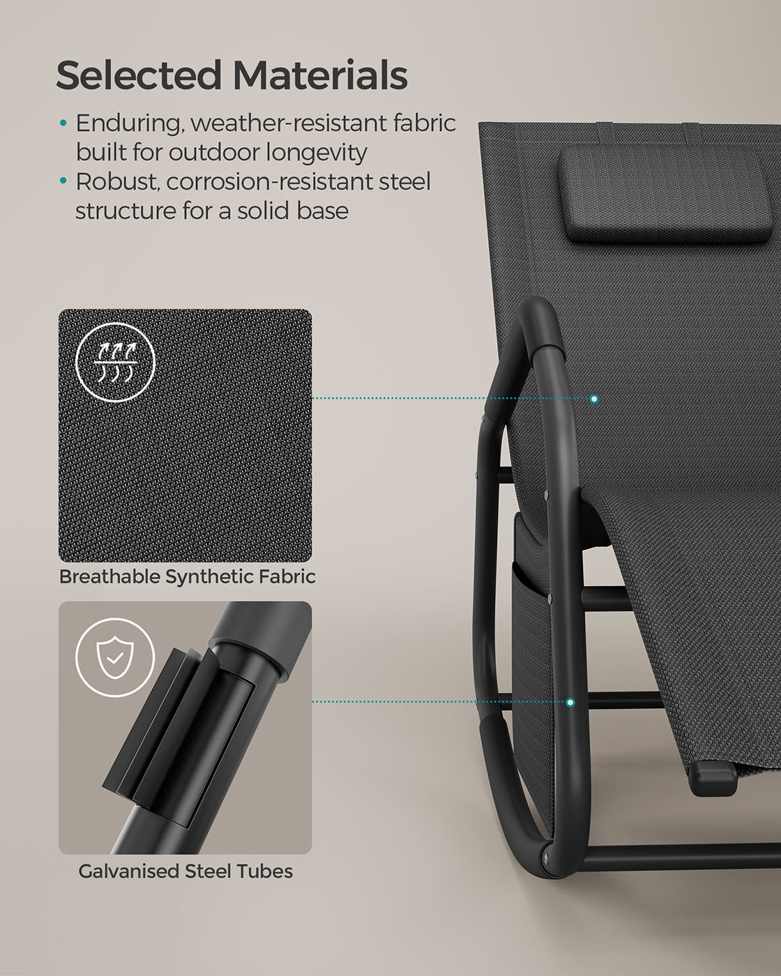Outdoor Lounger Recliner – Steel Frame – Ink Black – Adjustable Headrest with Anti-Tipping Stops