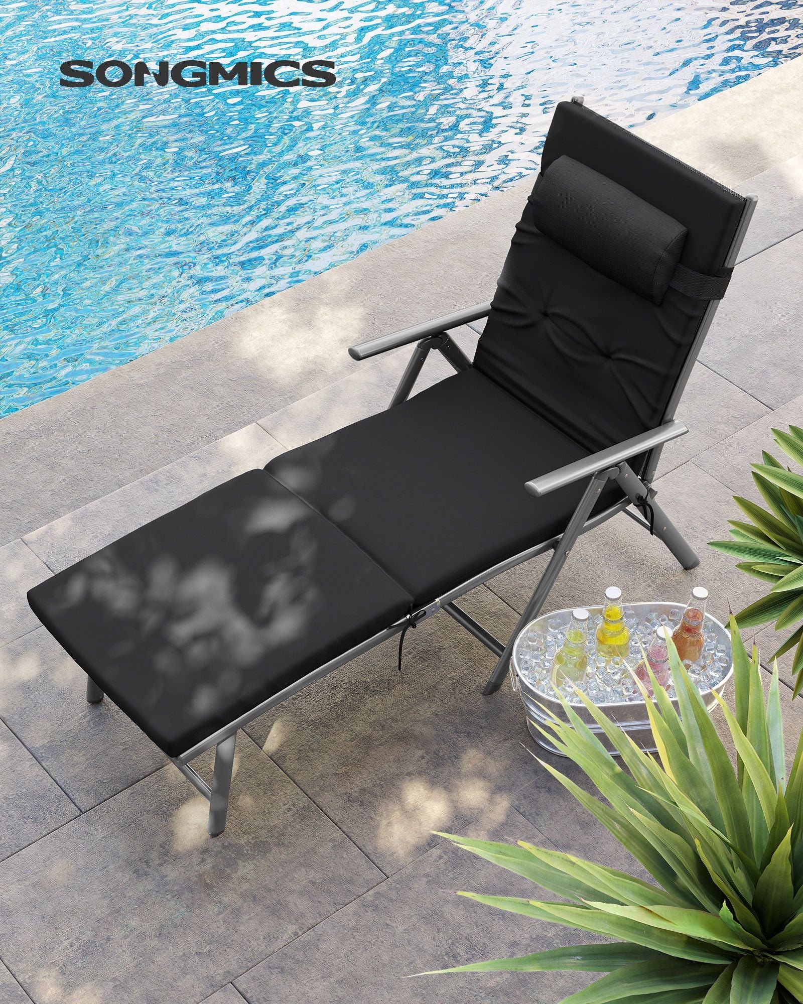 Folding Sun Lounger – Aluminium – Adjustable – 6 cm Thick Mattress with Removable Pillow