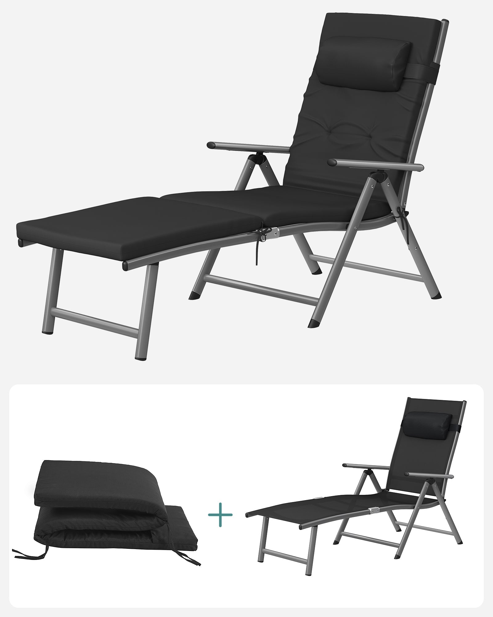 Folding Sun Lounger – Aluminium – Adjustable – 6 cm Thick Mattress with Removable Pillow
