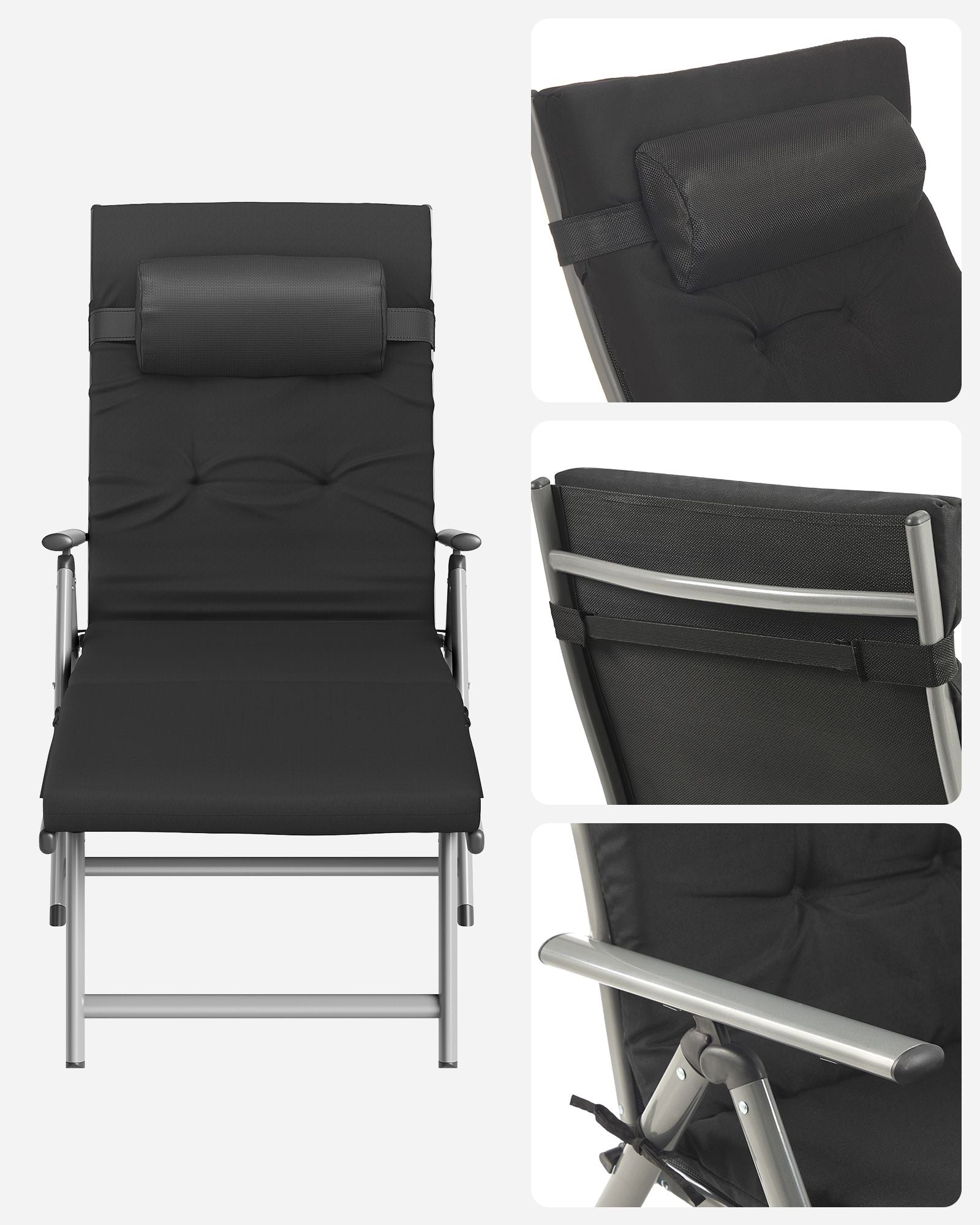 Folding Sun Lounger – Aluminium – Adjustable – 6 cm Thick Mattress with Removable Pillow