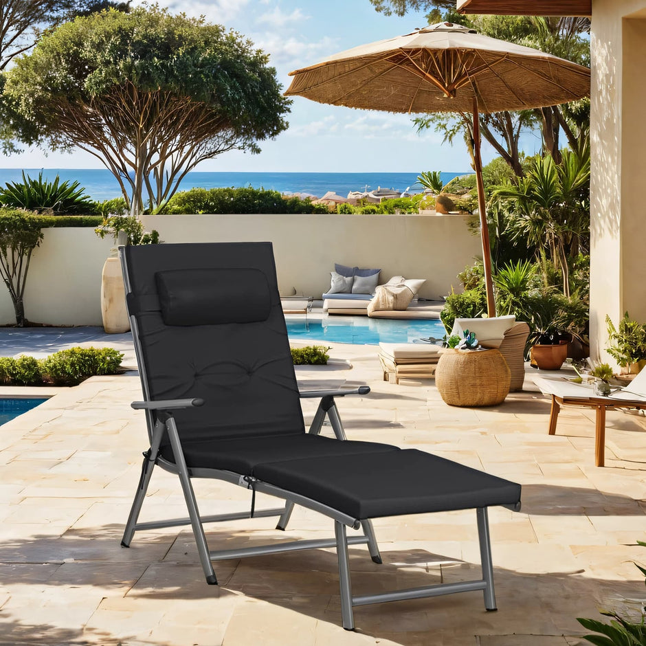 Folding Sun Lounger – Aluminium – Black – Adjustable with 6 cm Thick Mattress