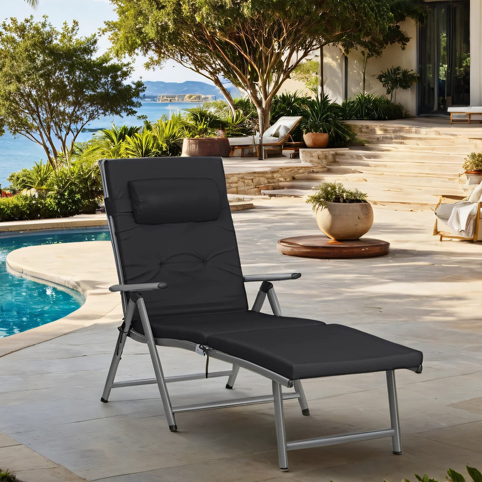 Folding Sun Lounger – Aluminium – Black – Adjustable with 6 cm Thick Mattress