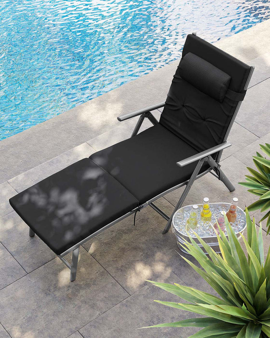 Sun Lounger – Aluminium – Black – Removable Headrest, Foldable, Reclinable, 6 cm Mattress