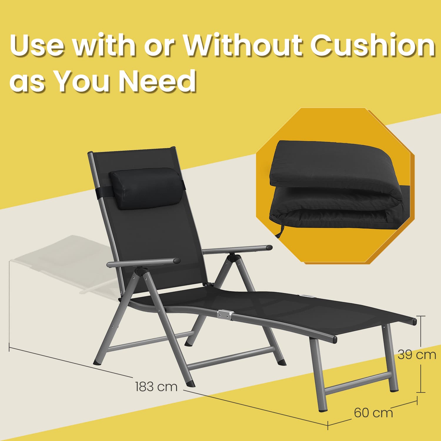 Folding Sun Lounger – Aluminium – Black – Adjustable with 6 cm Thick Mattress