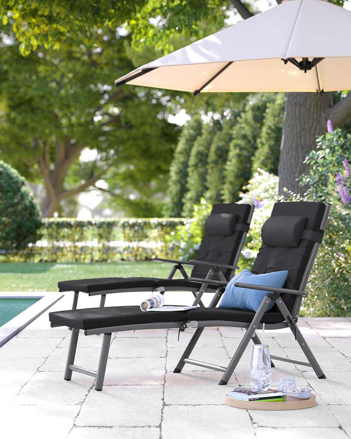 Sun Lounger – Aluminium – Black – Removable Headrest, Foldable, Reclinable, 6 cm Mattress