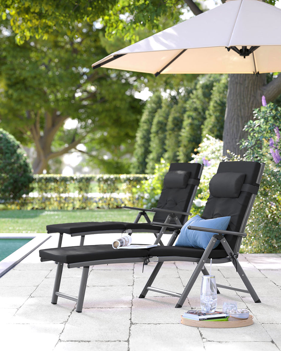 Sun Lounger – Aluminium – Black – Removable Headrest, Foldable, Reclinable, 6 cm Mattress