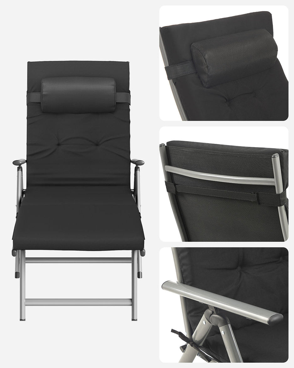 Sun Lounger – Aluminium – Black – Removable Headrest, Foldable, Reclinable, 6 cm Mattress