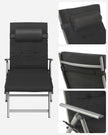 Sun Lounger – Aluminium – Black – Removable Headrest, Foldable, Reclinable, 6 cm Mattress