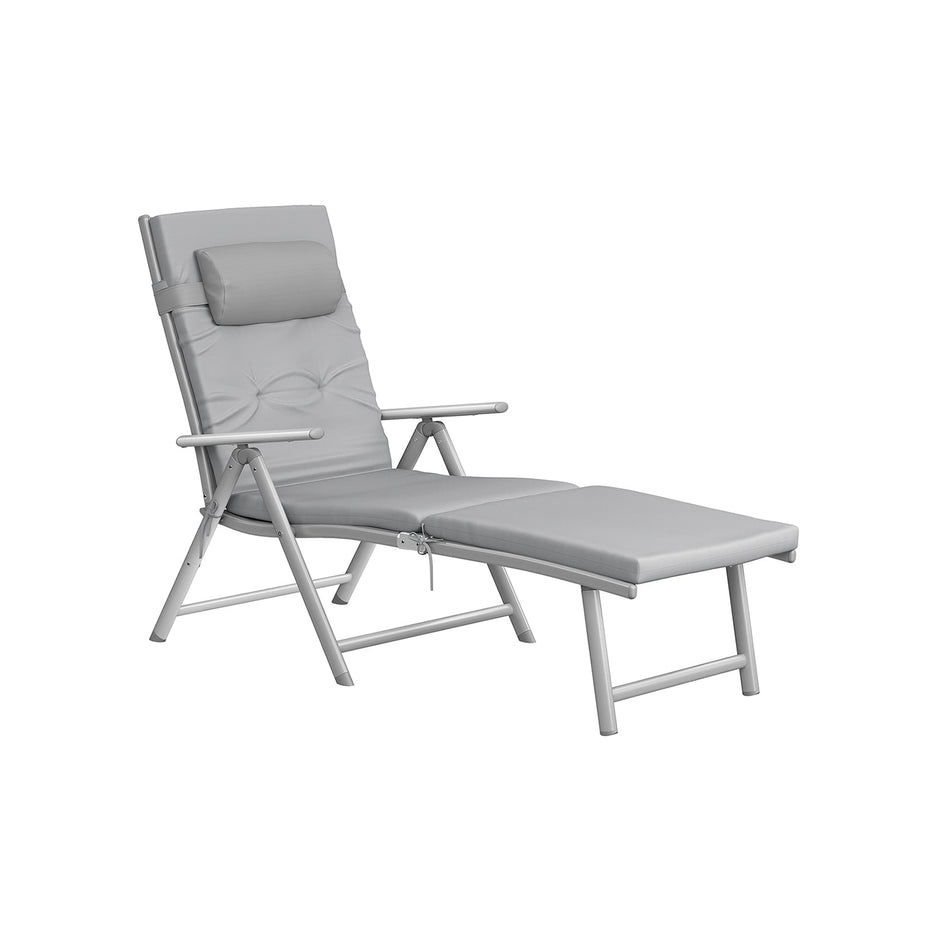Foldable Sun Lounger – Aluminium – Comfortable Grey – Adjustable with Removable Pillow and 6 cm Thick Mattress