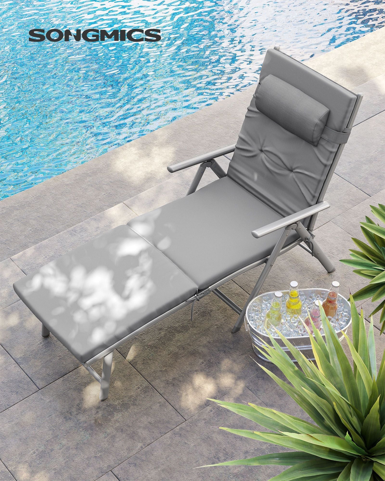 Foldable Sun Lounger – Aluminium – Comfortable Grey – Adjustable with Removable Pillow and 6 cm Thick Mattress