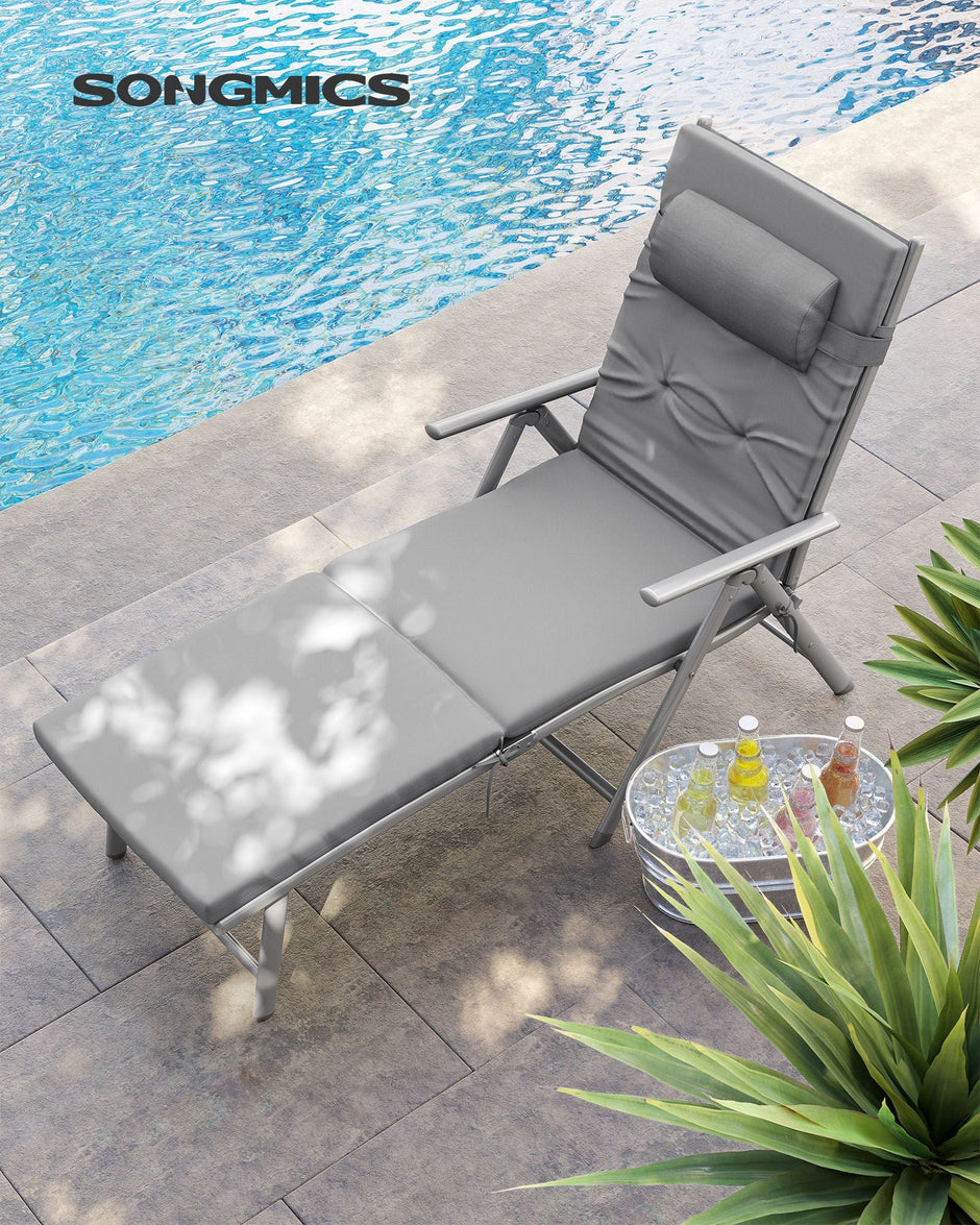 Foldable Sun Lounger – Aluminium – Comfortable Grey – Adjustable with Removable Pillow and 6 cm Thick Mattress