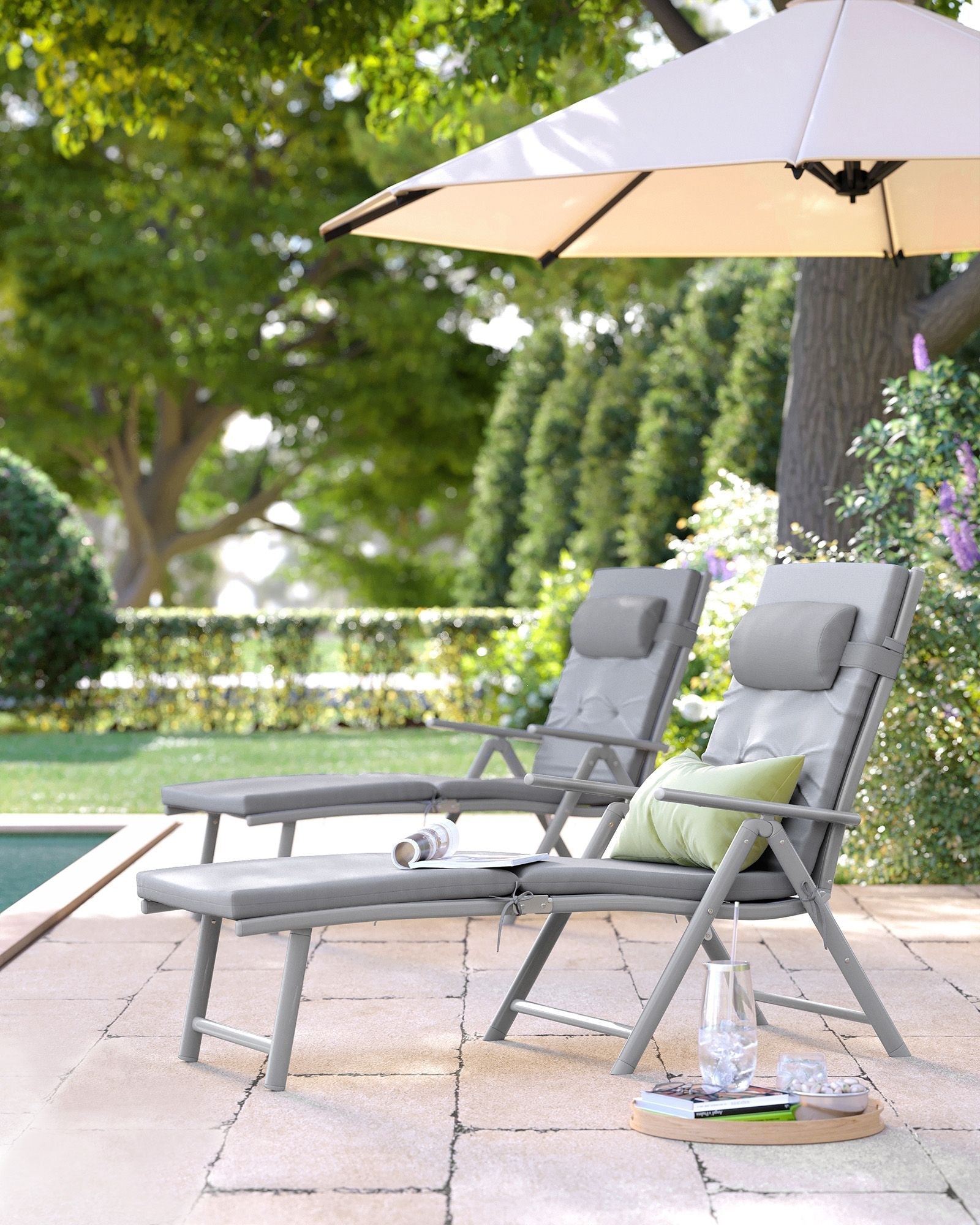 Foldable Sun Lounger – Aluminium – Comfortable Grey – Adjustable with Removable Pillow and 6 cm Thick Mattress