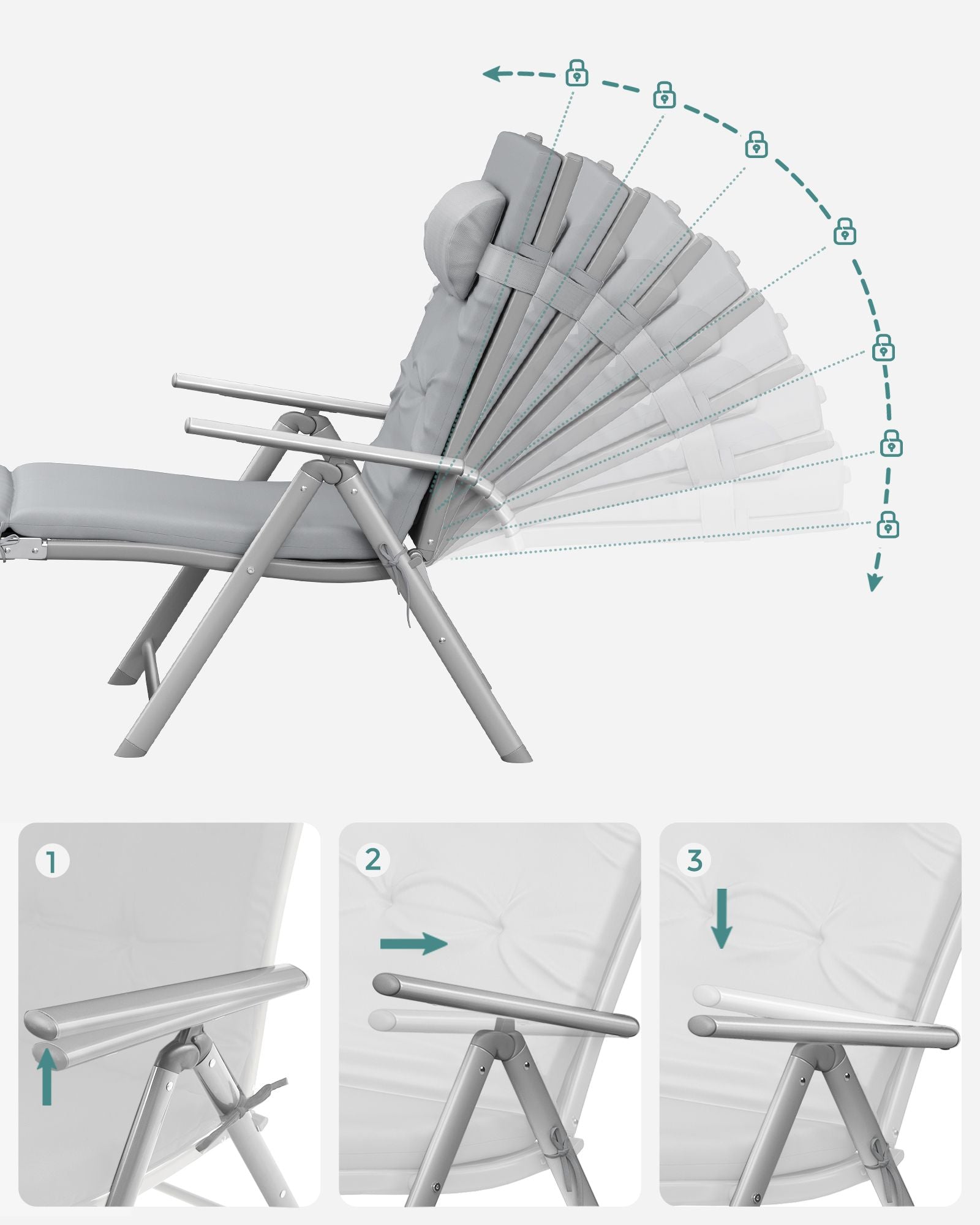 Foldable Sun Lounger – Aluminium – Comfortable Grey – Adjustable with Removable Pillow and 6 cm Thick Mattress