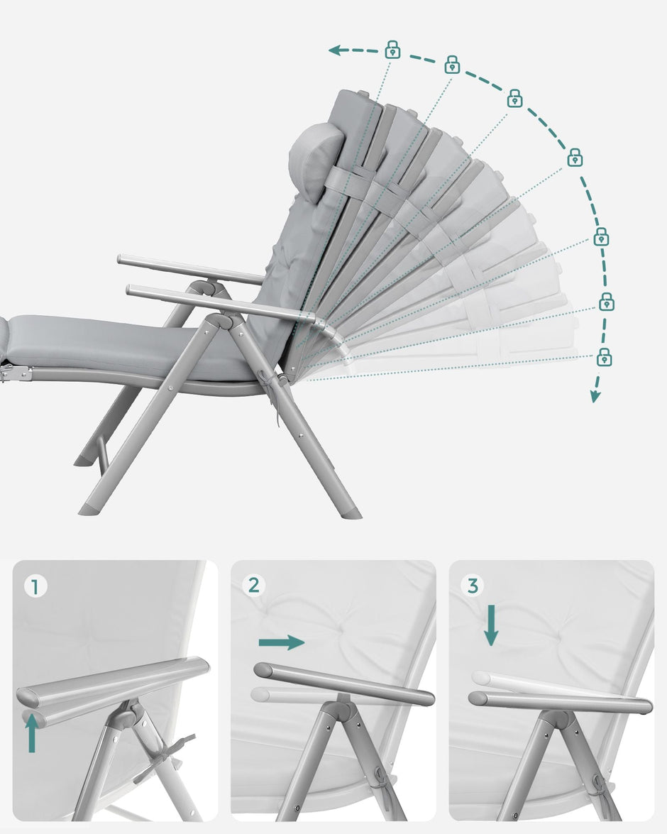 Foldable Sun Lounger – Aluminium – Comfortable Grey – Adjustable with Removable Pillow and 6 cm Thick Mattress
