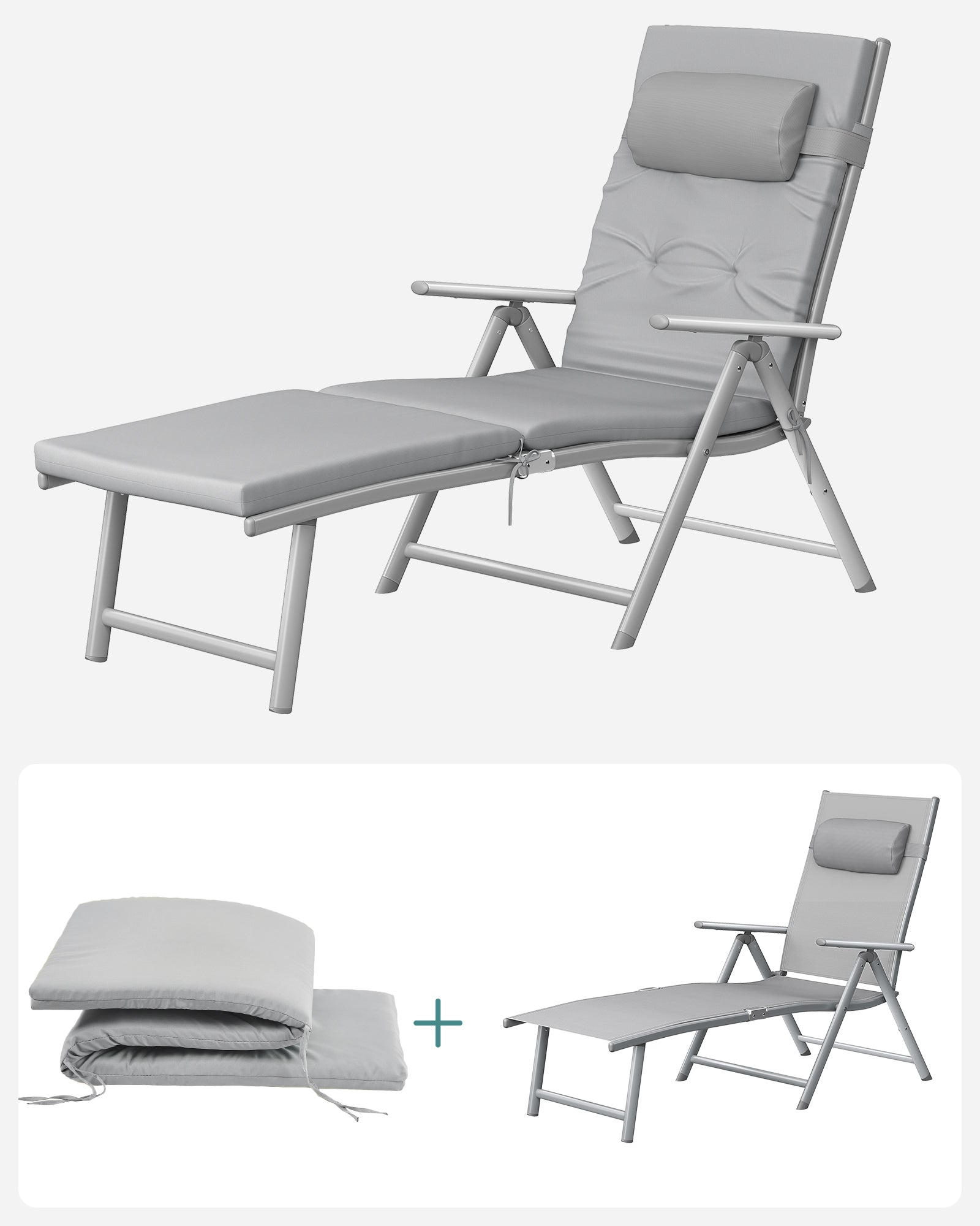 Foldable Sun Lounger – Aluminium – Comfortable Grey – Adjustable with Removable Pillow and 6 cm Thick Mattress