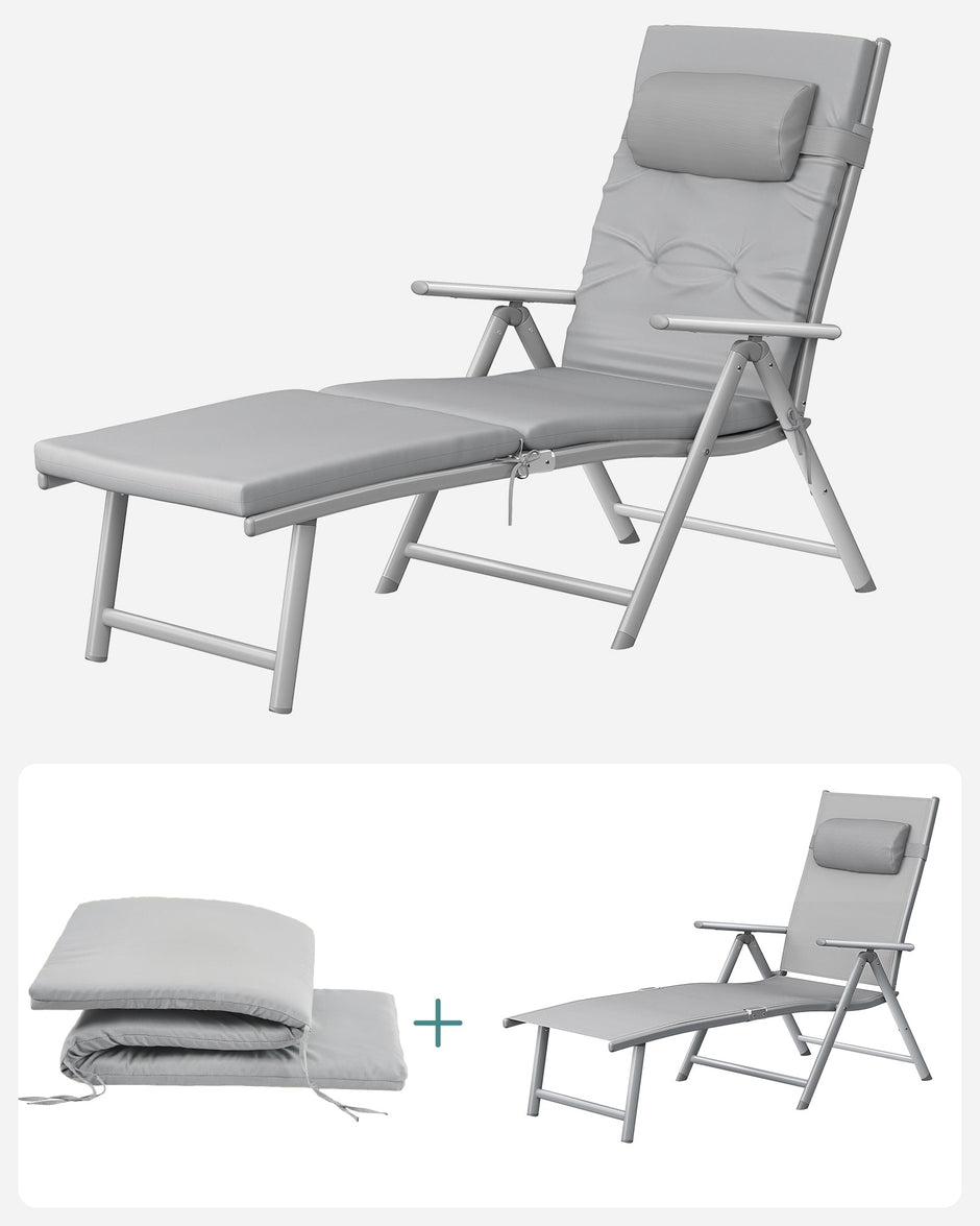 Foldable Sun Lounger – Aluminium – Comfortable Grey – Adjustable with Removable Pillow and 6 cm Thick Mattress