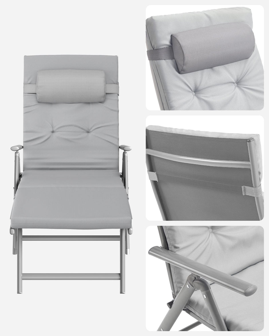Foldable Sun Lounger – Aluminium – Comfortable Grey – Adjustable with Removable Pillow and 6 cm Thick Mattress