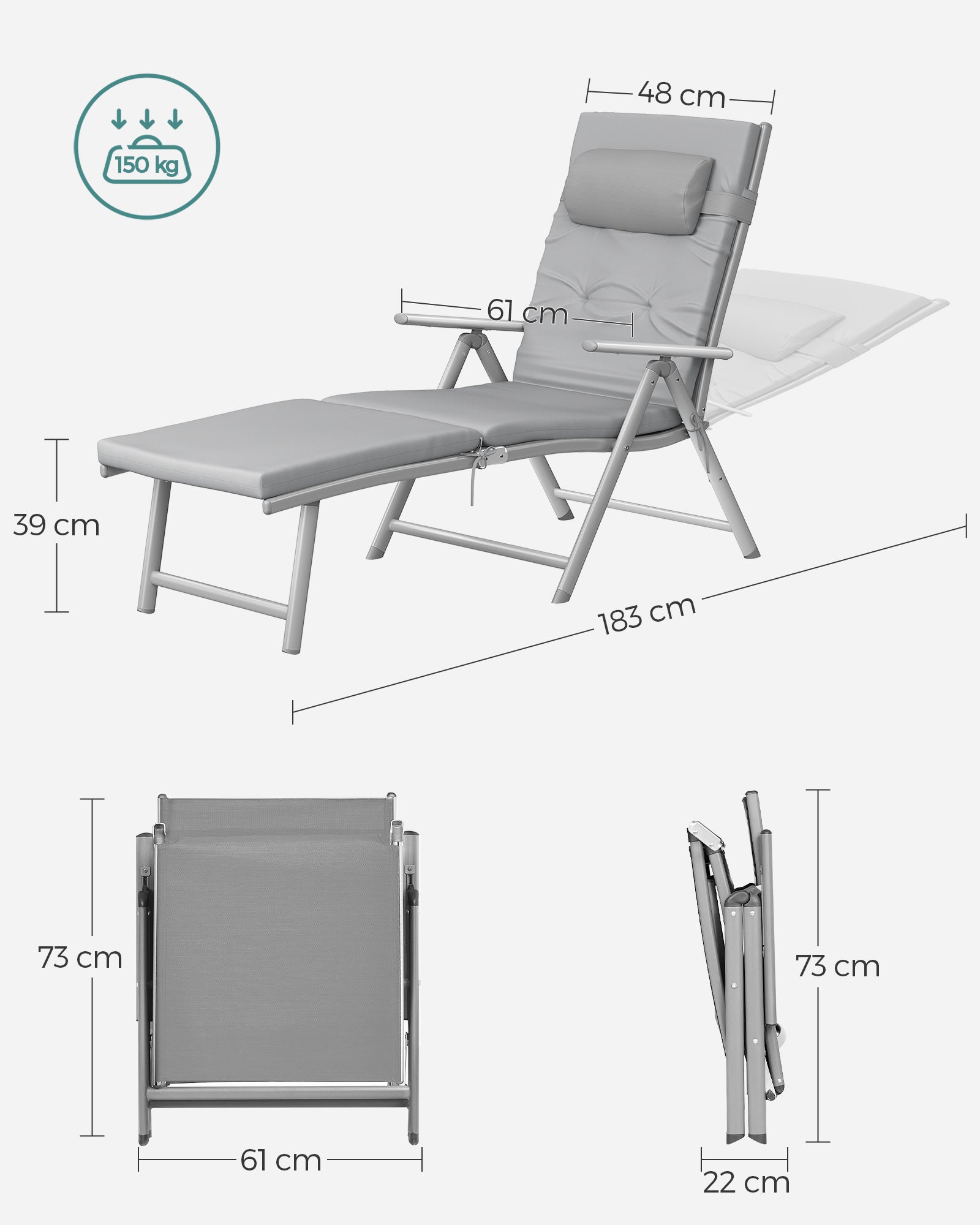 Foldable Sun Lounger – Aluminium – Comfortable Grey – Adjustable with Removable Pillow and 6 cm Thick Mattress