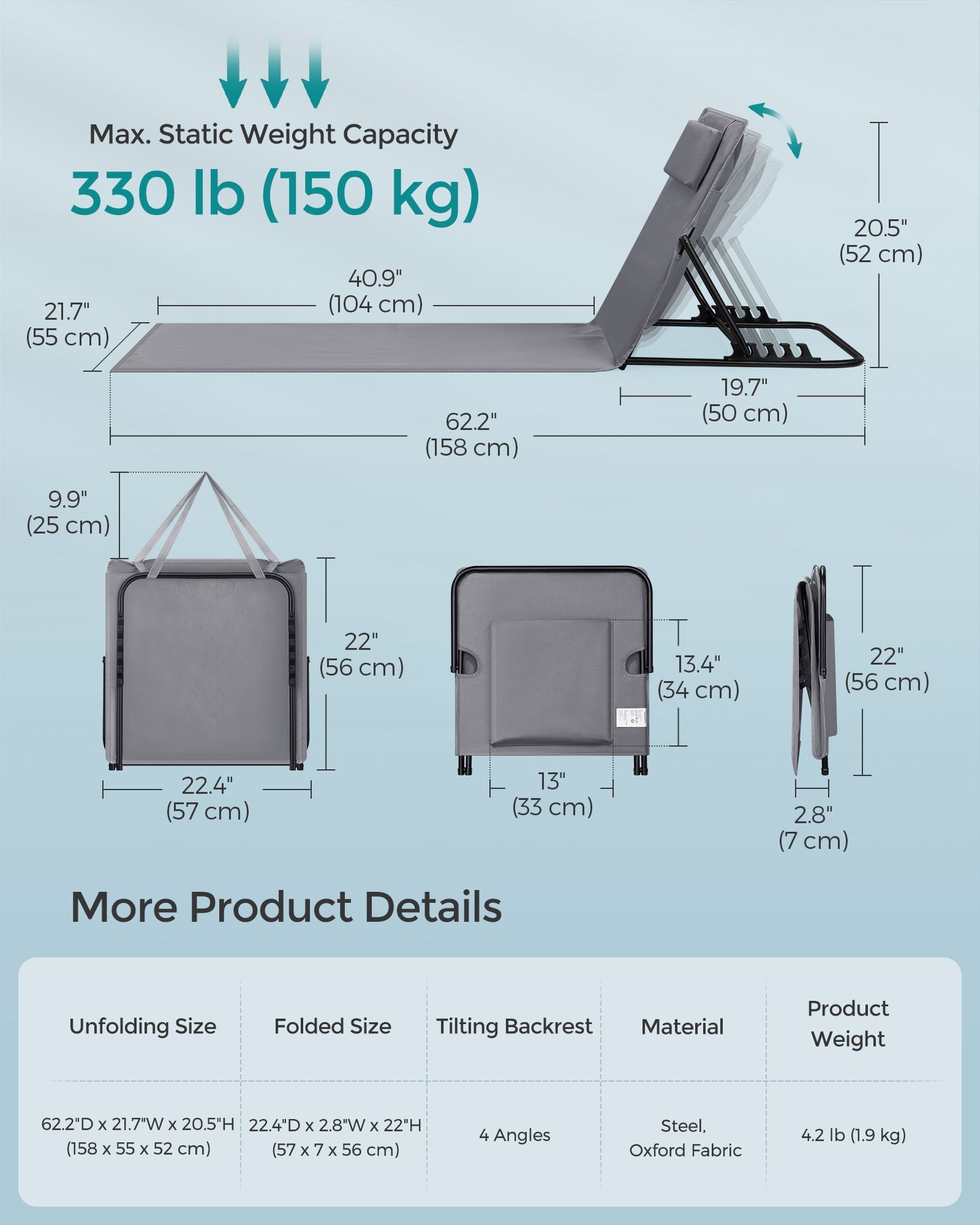 Folding Beach Sunlounger – Fabric – Blue – Lightweight and Portable with Reclining Backrest