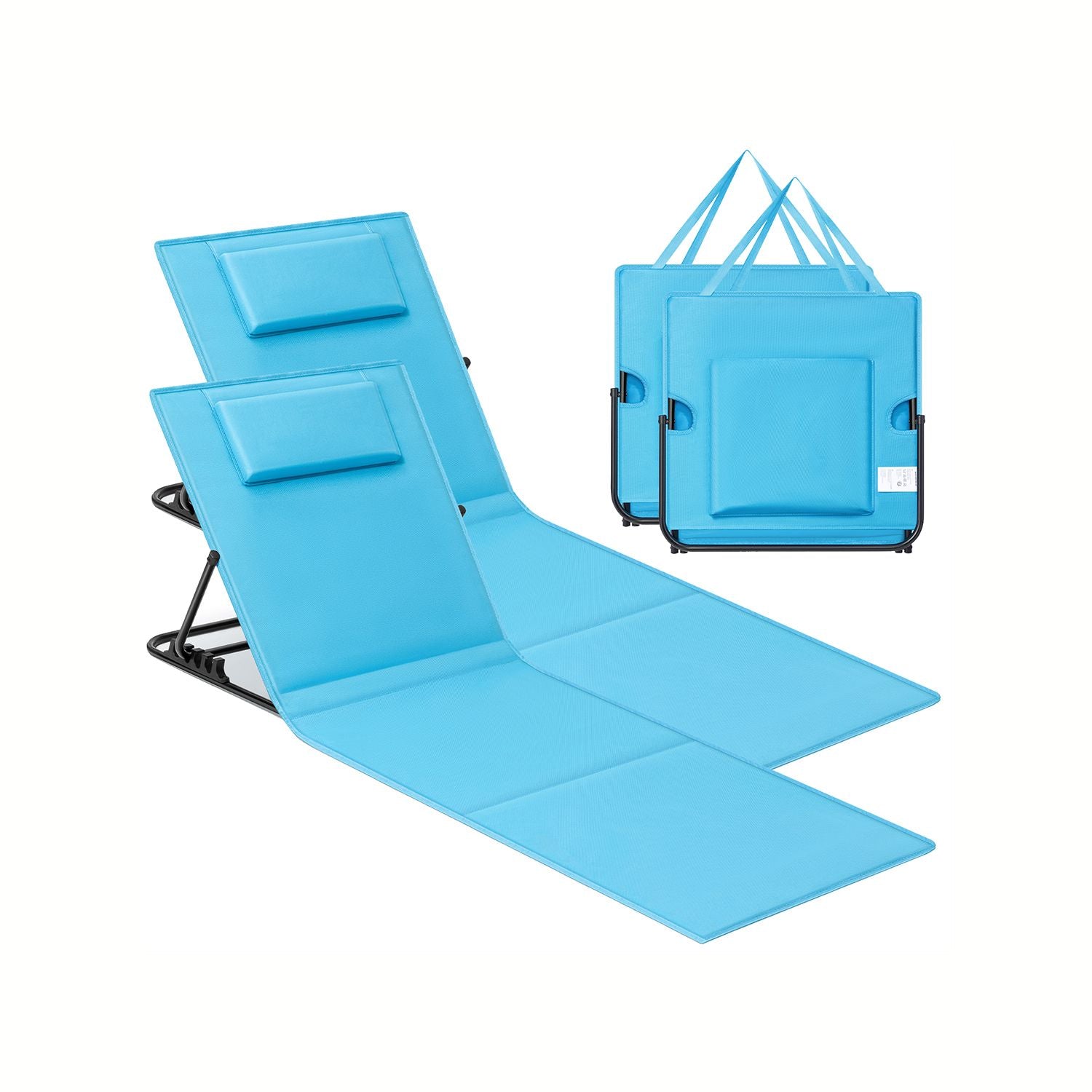 Set of 2 Portable Folding Beach Sunloungers – Fabric – Sky Blue – Lightweight with Reclining Backrest and Handle
