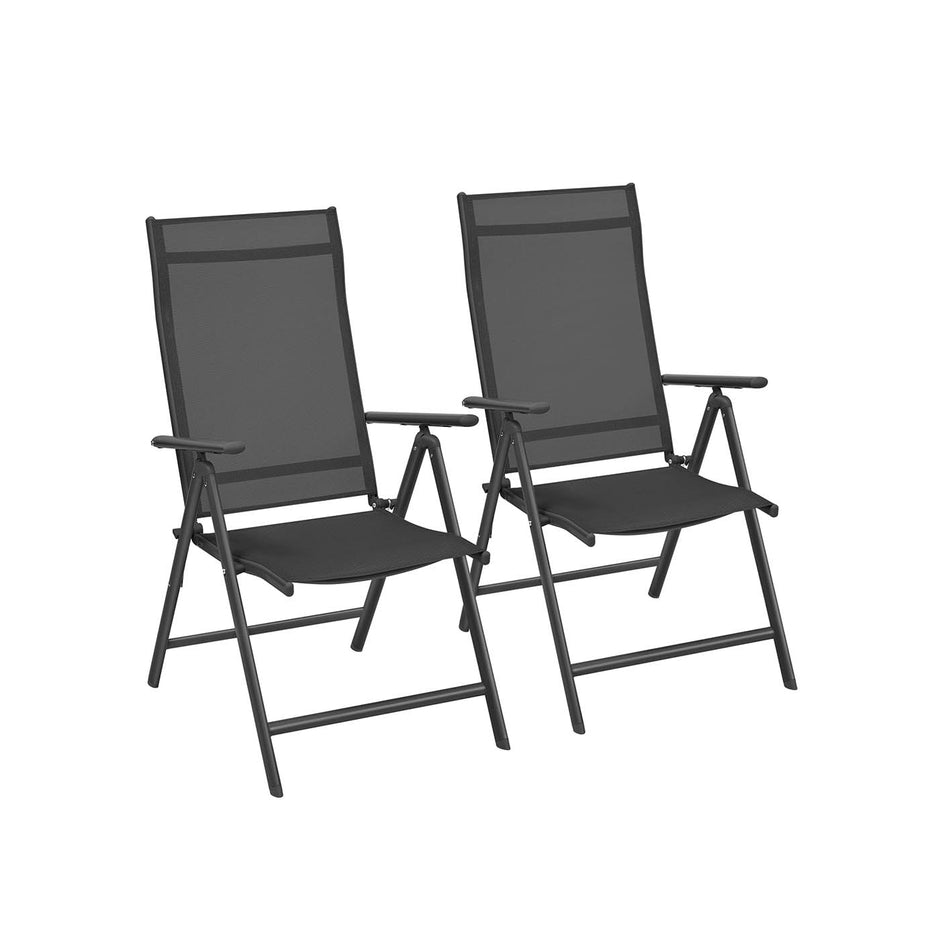 Set of 2 Folding Garden Chairs – Aluminium – Black – Heavy Duty with 8-Angle Reclining Backrest