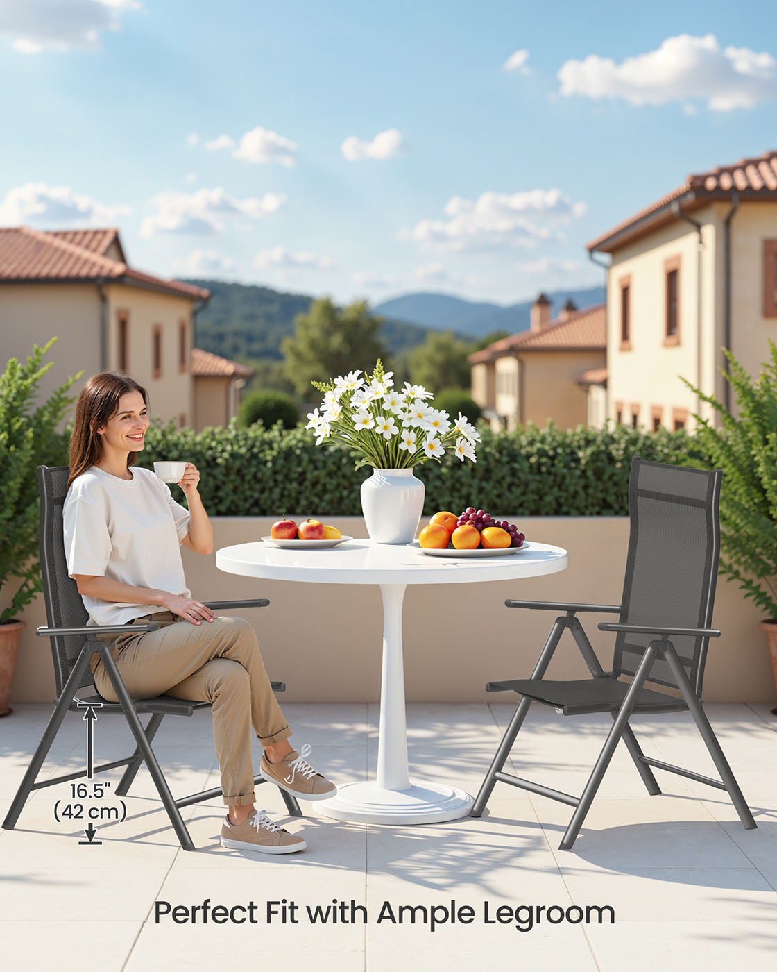 Set of 2 Folding Garden Chairs – Aluminium – Black – Heavy Duty with 8-Angle Reclining Backrest