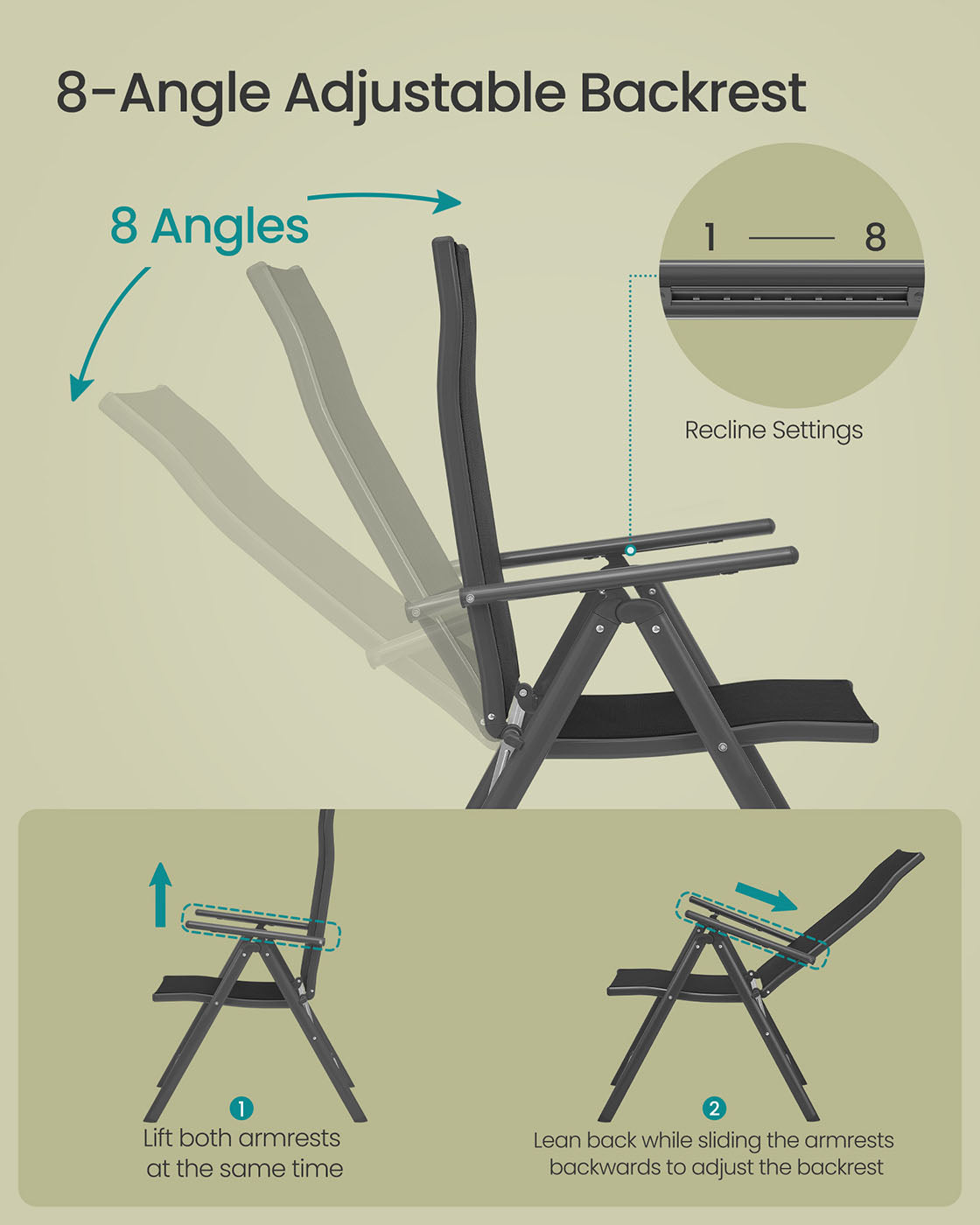 Set of 2 Folding Garden Chairs – Aluminium – Black – Heavy Duty with 8-Angle Reclining Backrest