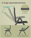 Set of 2 Folding Garden Chairs – Aluminium – Black – Heavy Duty with 8-Angle Reclining Backrest